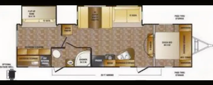 RV rental floor plan of a 30ft travel trailer. Features queen bed, bunks, kitchen, bath, and storage layout.. Crossroads Sunset Trail Reserve 2014