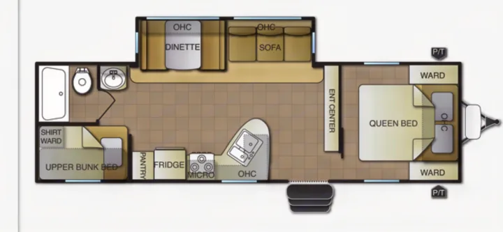 RV rental floor plan: Queen bed, bunks, dinette, full kitchen and bath layout for your next adventure.. Pacific Coachworks Panther BHSS 2019