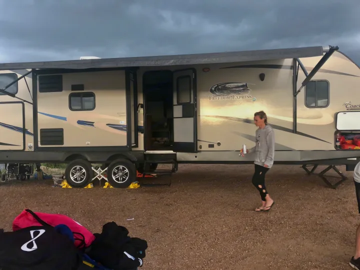 At the lake with the camper . Coachman Freedom express 2014