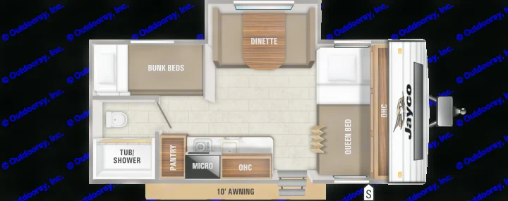 This RV rental floor plan shows a travel trailer interior with a queen bed, bunk beds, dinette, kitchen, and bathroom, ideal for family camping.. Jayco Other 2020