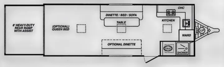 RV rental: Floor plan of a toy hauler recreational vehicle, featuring a rear ramp, kitchen, bathroom, and flexible sleeping areas.. Carson Trailer Toy Hauler 2007