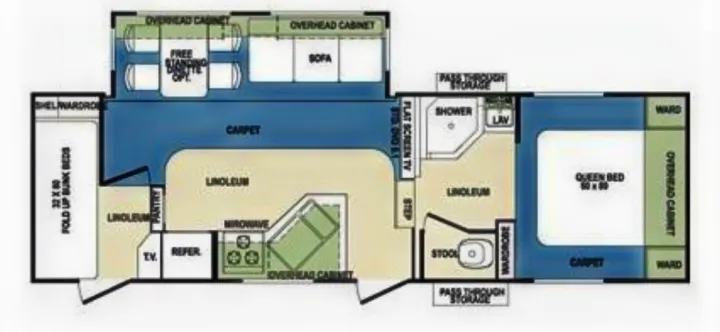 RV rental floor plan: This detailed RV layout features a queen bed, bunk beds, kitchen, living area, and bathroom.. Forest River Wildcat 2008