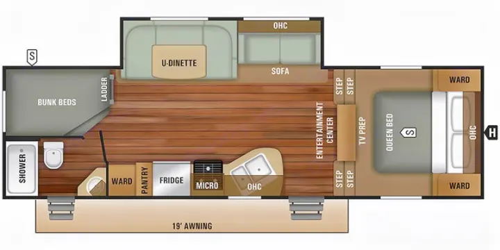 This RV rental floor plan details the travel trailer's interior layout: queen bed, bunk beds, U-dinette, kitchen, and full bath.. Starcraft Autumn Ridge 2018