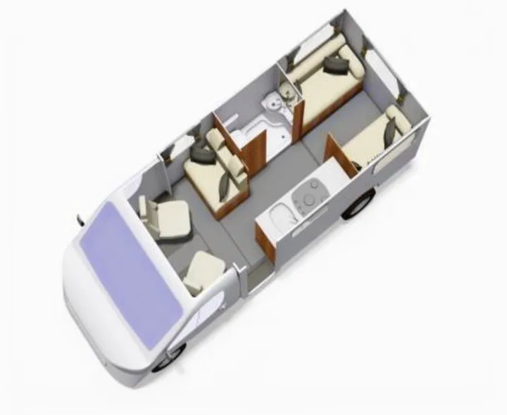 RV rental interior floor plan: An overhead view revealing a camper van layout with front cockpit, mid-section bed/bath, kitchen, and rear twin beds.. Elddis Accordo 135 2019