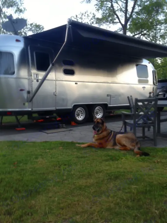 A dog rests beside a shiny silver RV with its awning extended, set for a comfortable rv rental experience.. Airstream International 2015