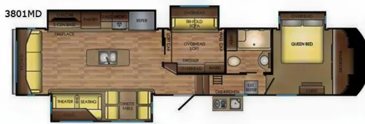 Explore this spacious 3801MD RV floor plan with living room, kitchen, queen bed, loft, and outside amenities. Ideal for your next rv rental adventure.. Keystone Volante 3801MD 2018