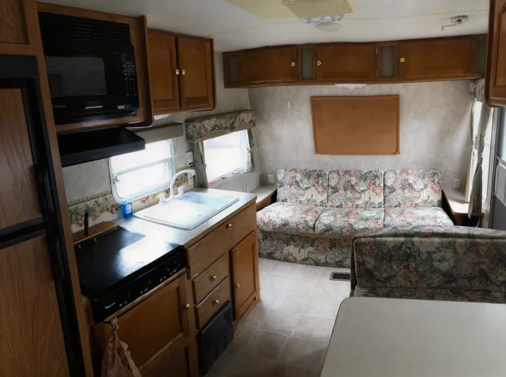 Inside this RV rental: full kitchen with microwave & sink, and a cozy living area with floral sofa. Ideal for travel.. Keystone Springdale 2004