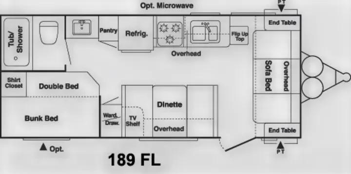 RV rental floor plan of model 189 FL, detailing interior layout with beds, kitchen, bath, and dinette for travel.. Keystone Springdale 2004