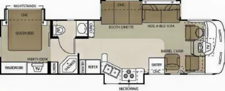 RV rental: Motorhome floor plan featuring queen bed, kitchen, bath, and spacious living area.. Thor Motor Coach Hurricane 34N 2006