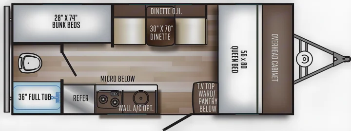RV rental floor plan: Explore the interior layout with queen bed, bunks, dinette, full bath, and kitchen amenities.. Palomino Palomini 2020