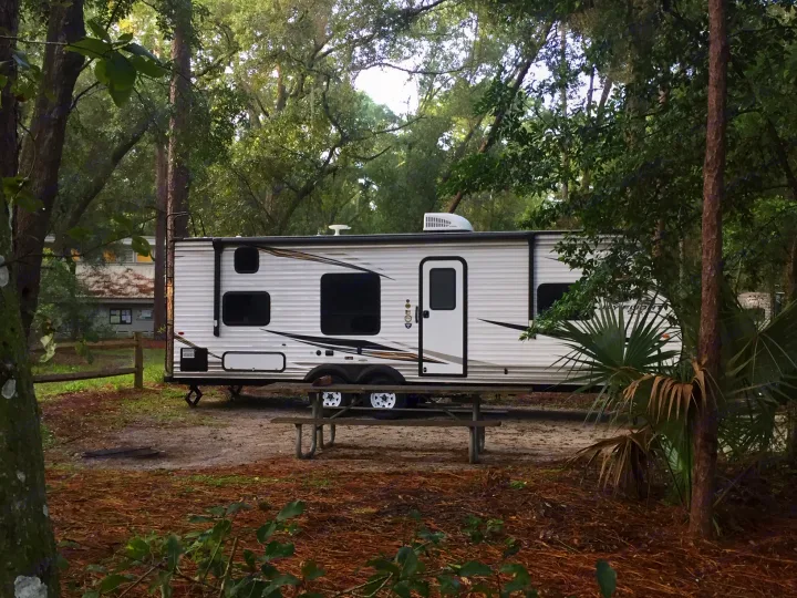 This RV rental, a white travel trailer, is parked at a scenic, wooded campsite with a picnic table, surrounded by tall trees.. Jayco Jay Flight SLX 2019