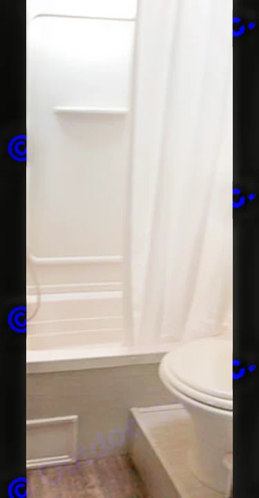 Compact RV rental bathroom. Features a white shower/tub combo, curtain, and a toilet on a raised platform.. Keystone Springdale 2017
