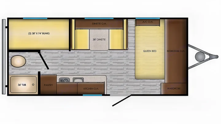 RV rental floor plan showing a queen bed, two bunks, 38" dinette, kitchen with pantry, and bathroom with 36" tub.. Crossroads RV Zinger Lite 2019