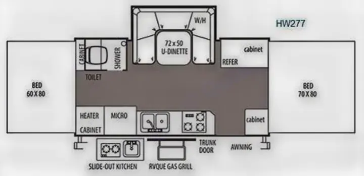 RV rental camper floor plan (HW277) detailing interior layout: two beds, U-dinette, kitchen with appliances, and full bath.. Forest River Rockwood Premier 2013