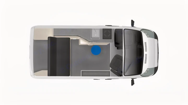 RV rental floor plan, top-down view. Features kitchen, bed, and driver's cab. Blue circle highlights the central living area.. PleasureWay Tofino 2019