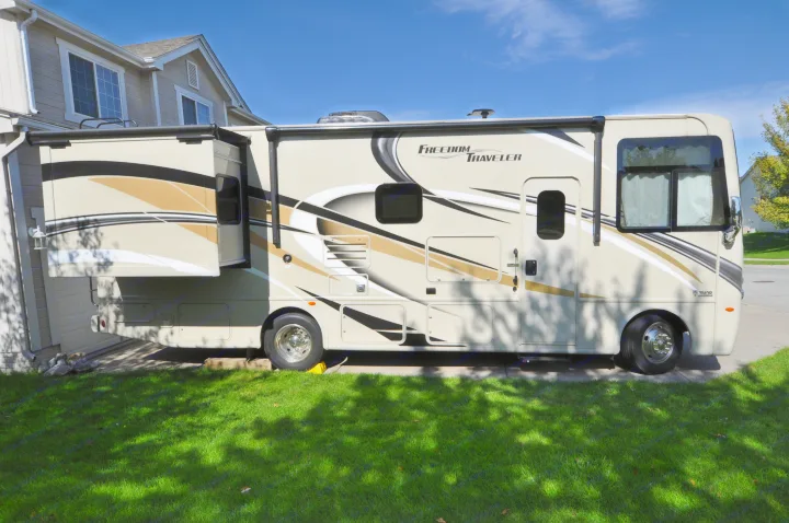 Slide out bedroom for extra space.
Lots of under coach storage with auto awning and outside tv and blue tooth sound system.. Thor Freedom Traveler 2019
