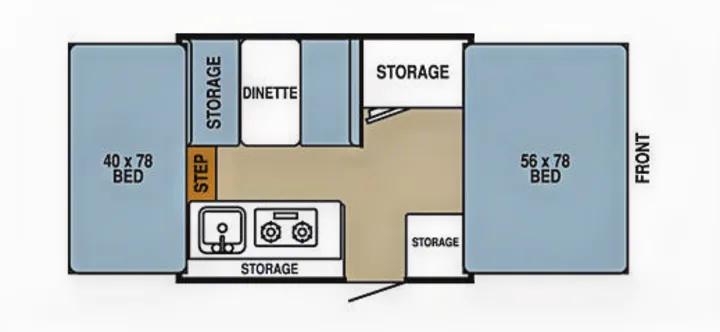 RV rental pop-up camper floor plan featuring two beds (40x78, 56x78), dinette, kitchen, storage, and step.. Starcraft St 2006