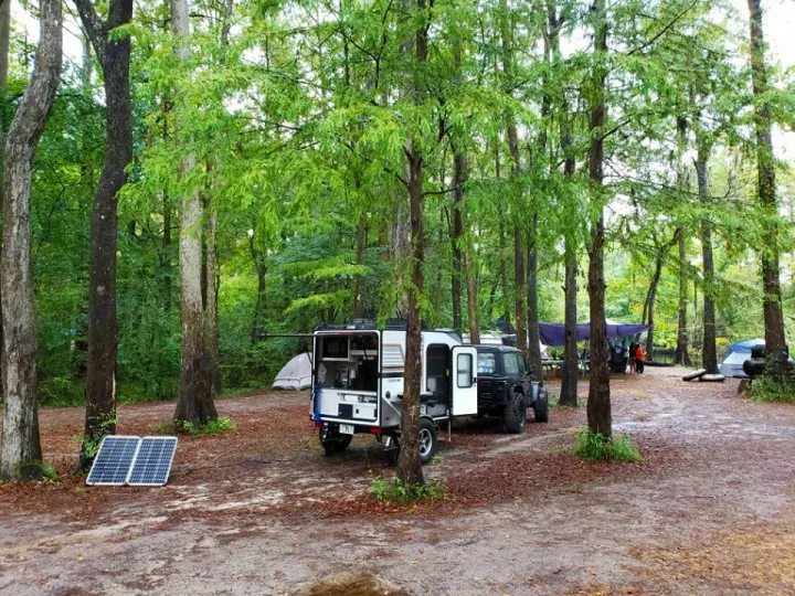 This past weekend with some tree cover and off-and-on rain, the solar kit kept the batteries charged.. Forest River Rockwood 2019