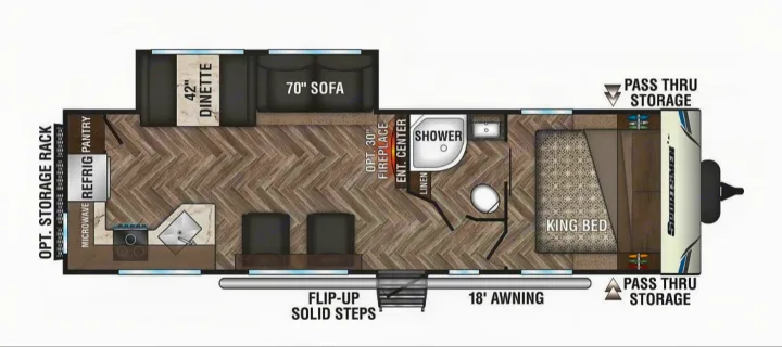 This RV rental floor plan features a king bed, full bath, kitchen, living area with sofa/dinette, and storage.. K-Z Manufacturing Sportsmen 2019