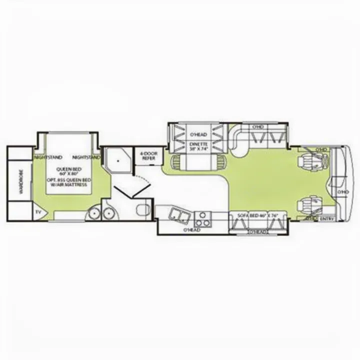 Detailed RV rental floor plan: bedroom (queen bed), dinette, sofa bed, kitchen, bath, and front cab layout.. Fleetwood Discovery 2006