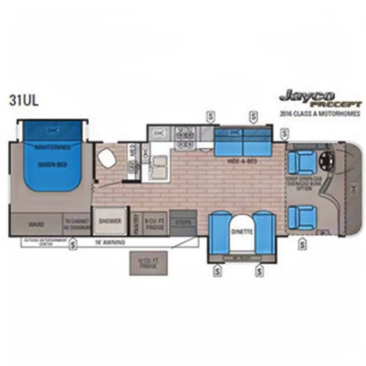 Detailed floor plan for a 2016 Jayco Precept 31UL Class A motorhome, ideal for rv rental planning. Shows queen bed, kitchen, dinette.. Jayco Precept 2014