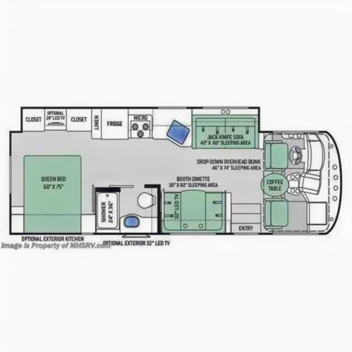 RV rental floor plan, detailing interior layout with queen bed, booth dinette, overhead bunk, kitchen, and bathroom.. Thor ACE 2016