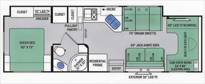Detailed RV rental floor plan shows a spacious motorhome layout with queen bed, dinette, sofa, and cab-over bunk.. Thor Quantum 2017