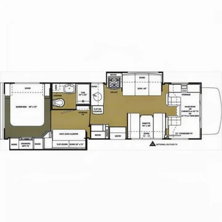 RV rental floor plan detailing its interior layout: queen bed, kitchen, bath, sofa, dinette, and bunk beds for family comfort.. Forest-River Forester 2017