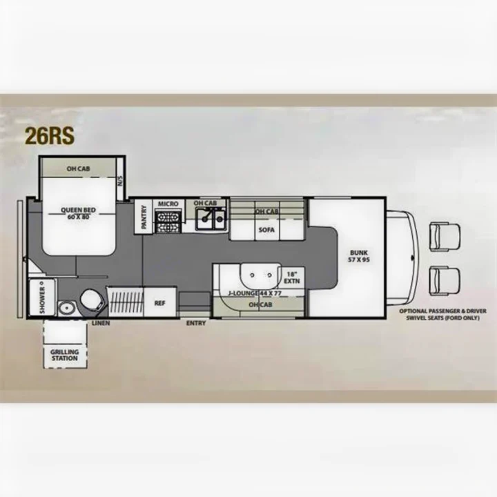 RV rental 26RS motorhome floor plan detailing interior layout: queen bed, bunk, kitchen, and lounge areas.. Coachmen Freelander 2017