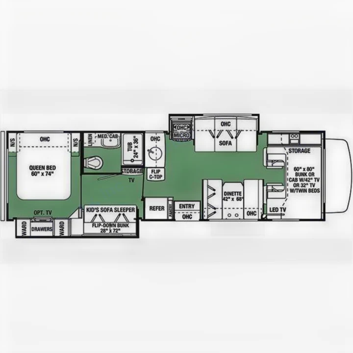 RV rental floor plan: A detailed layout showing sleeping areas, kitchen, bathroom, and living spaces for an RV.. Forest-River Forester 2017