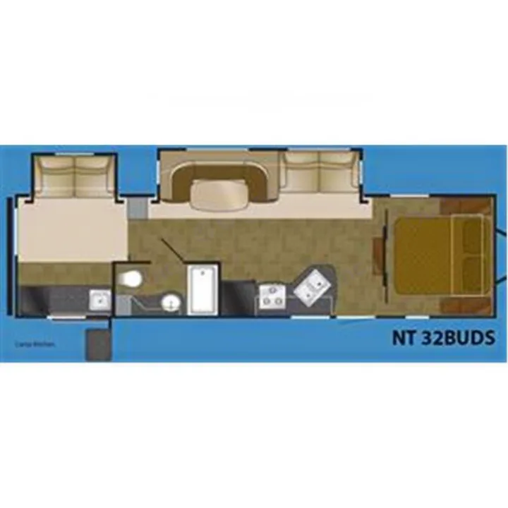 RV rental floor plan for NT 32BUDS. Features spacious living, kitchen, bathroom, master bedroom, and bunk beds. Ideal for families.. North-Trail Heartland 2011