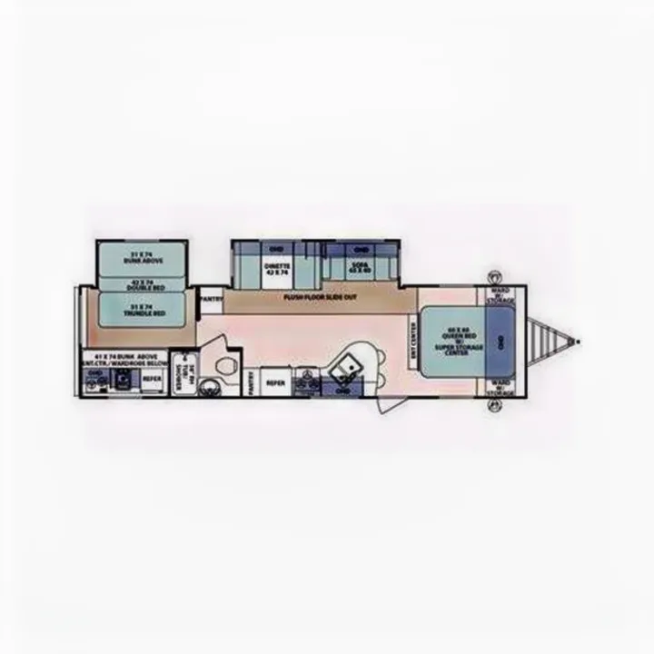 Detailed RV floor plan for an rv rental, featuring multiple sleeping areas (bunk, double, queen beds), kitchen, and bath layout.. Forest-River Surveyor 2011