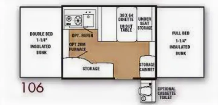 RV rental: Pop-up camper Model 106 floor plan. Features double/full beds, dinette, kitchen, storage, and optional toilet.. Coachmen Sport 2007