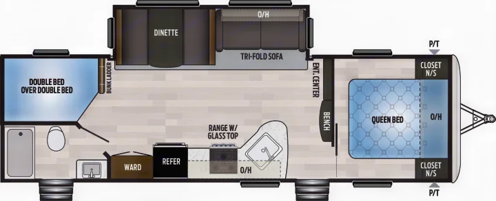 This RV rental floor plan displays a queen bed, double bunk beds, kitchen, bath, and living area. See the interior layout.. Keystone Springdale 2020