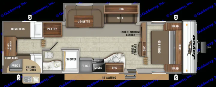 RV rental floor plan: Jayco with queen bed, bunk beds, U-dinette, kitchen, and bath. Ideal for family adventures!. Jayco Jay Flight 2019