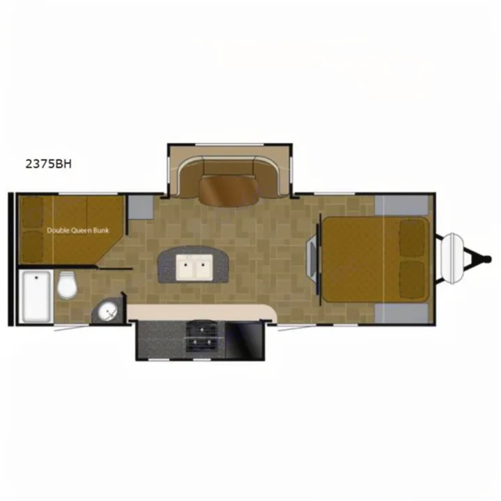 RV rental floor plan: 2375BH model. A top-down view of an RV interior, featuring bedroom, kitchen, bath, dinette, and double queen bunk.. Heartland Wilderness 2018