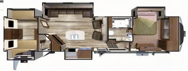 Detailed floor plan of a spacious RV/travel trailer, ideal for an RV rental. Features bunkhouse, living, kitchen, bath, master suite.. Highland Ridge Mesa Ridge 427BHS 2019