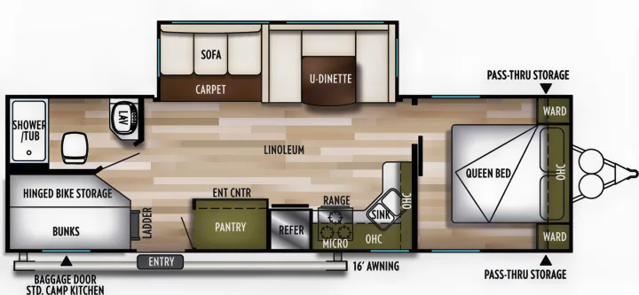 Detailed RV rental travel trailer floor plan with queen bed, bunks, kitchen, and bathroom for comfortable travel.. Forest River Wildwood 27DBK 2017