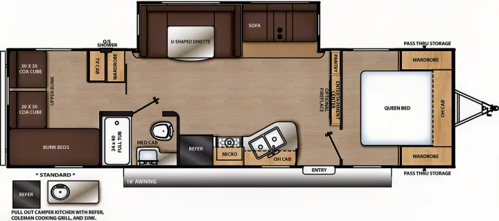This RV rental floor plan shows a spacious travel trailer with a queen bed, bunk beds, U-shaped dinette, and full kitchen/bath.. Coachmen Catalina 2019