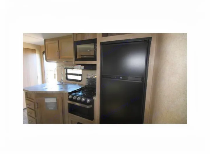 Explore this RV rental's compact kitchen: modern gas stove, microwave, refrigerator, and sink with ample counter space.. Coachmen Catalina 2019