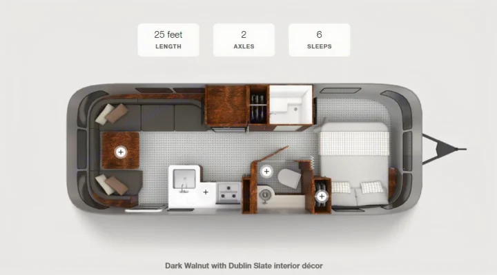 RV rental: Airstream travel trailer floor plan. 25ft length, sleeps 6, with Dark Walnut interior, kitchen, bath, & bed.. Airstream Globetrotter 2020