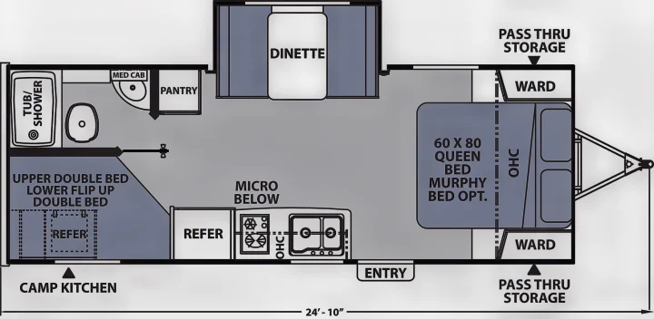 RV rental floor plan: 24'10" camper with queen Murphy bed, bunk beds, dinette, full kitchen, and bathroom layout.. Coachmen Apex 208BHS 2023