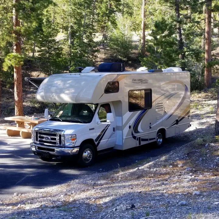 White Class C RV rental parked in a sunny, tree-filled campsite with a picnic table. Perfect for outdoor adventures.. Thor Motor Coach Freedom elite 23 H 2019