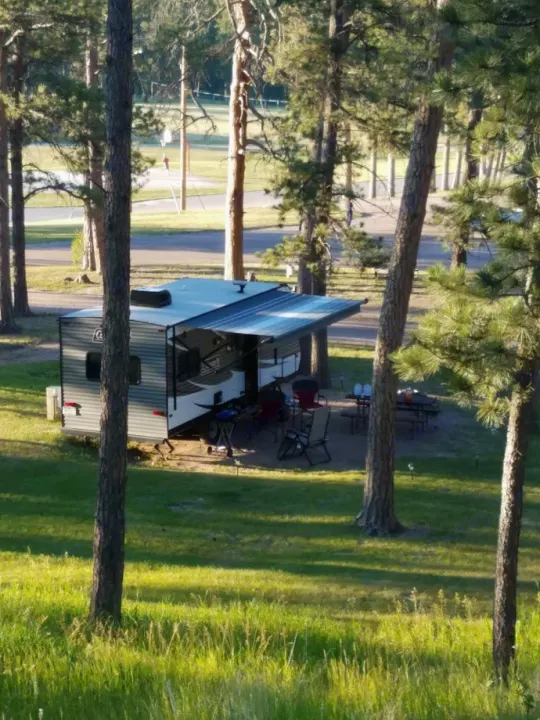 Enjoying the outdoors with an RV rental parked at a shady campsite. Awning extended, with a grill and picnic table.. Coleman Coleman 202RD 2017