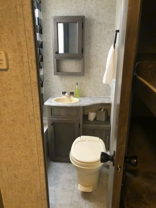 This RV rental features a functional bathroom with a toilet, sink, mirror, and shower curtain for your convenience.. Coachmen Apex Nano 2019