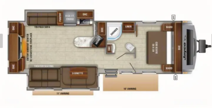 Detailed RV floor plan for a travel trailer, featuring queen bed, U-dinette, and entertainment area. Perfect for your next rv rental.. Jayco White Hawk 2018