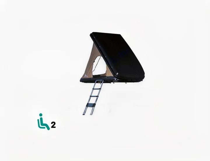 A black rooftop tent, partially open with a ladder, sleeps 2. Ideal for camping adventures via rv rental.. NaitUp Quatro 2024