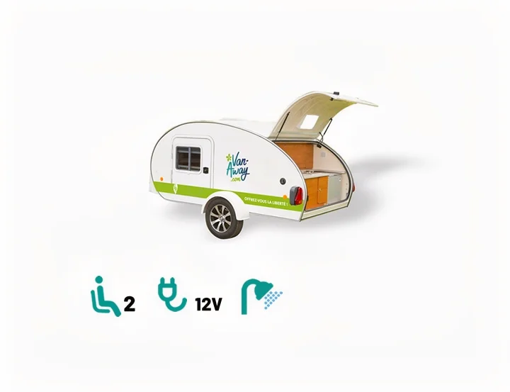 White teardrop RV rental camper with rear kitchen. Features: 2 berths, 12V power, and shower. Perfect for compact adventures.. Caretta 1500 2024