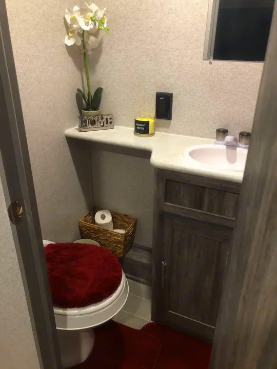 Step inside this cozy RV rental bathroom, featuring a toilet with a red cover, sink, shelf with decor, and a storage basket for toilet paper.. Forest River Salem 2020