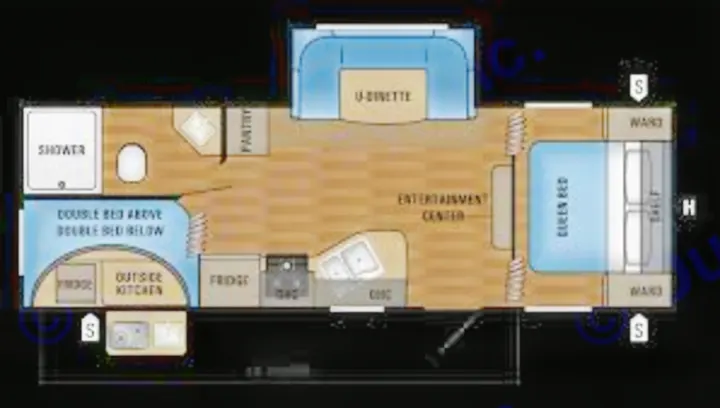 Planning an RV rental? This travel trailer floor plan displays a spacious layout with queen bed, bunks, kitchen, and dinette.. Jayco Jay Flight SLX 2018
